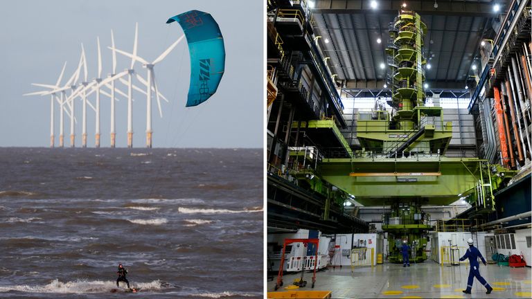 A kitesurfer rides the waves in front of the Burbo Bank offshore wind farm near Wallasey, Britain, and  An employee walks through the charge hall inside EDF Energy&#39;s Hinkley Point B nuclear power station in Bridgwater, southwest England
