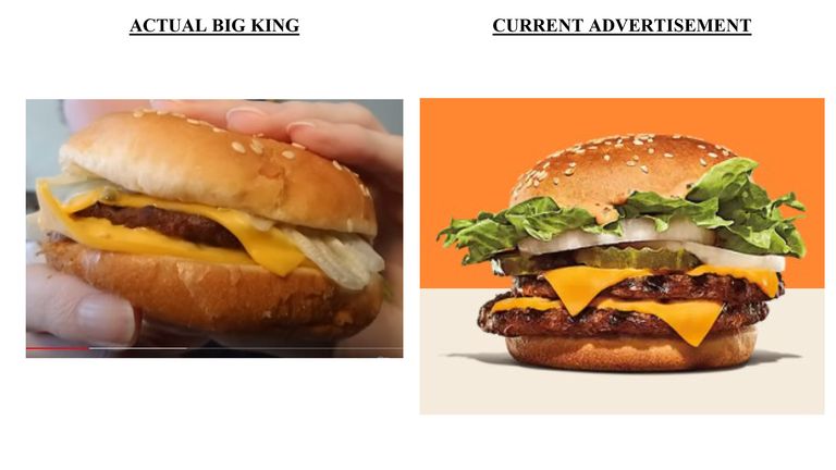 Images taken from court documents re:Four fast-food fans have sued Burger King, alleging in a class action complaint that the international chain’s misleading advertisements cheated them out of the burgers they thought they were getting.
Copyright:U.S. District Court, Southern Florida
https://s3.documentcloud.org/documents/21573338/coleman-v-burger-king-complaint.pdf