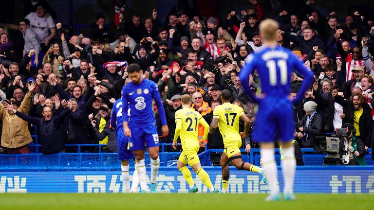 Brentford&#39;s Christian Eriksen celebrates scoring their side&#39;s second goal of the game during the Premier League match at Stamford Bridge, London. Picture date: Saturday April 2, 2022.