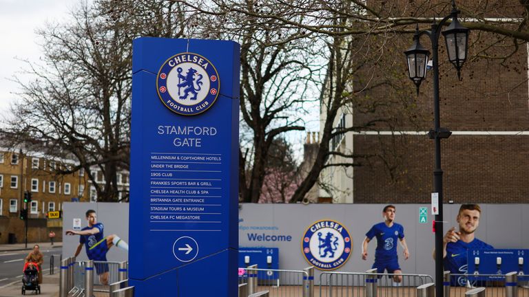 A sign is seen outside Stamford Bridge, the stadium for Chelsea Football Club, after Britain imposed sanctions on its Russian owner, Roman Abramovich, in London, Britain, March 10, 2022. REUTERS/Hannah Mckay

