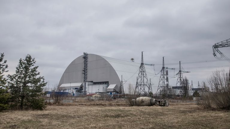 A view of the shelter construction covers the exploded reactor at the Chernobyl nuclear plant, in Chernobyl, Ukraine, Tuesday, April 5, 2022. (AP Photo/Oleksandr Ratushniak)
pic:ap