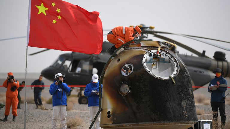 Capsule of the Shenzhou-13 manned space mission returns after landing at the Dongfeng landing site in northern China. Pic: Peng Yuan/Xinhua via AP