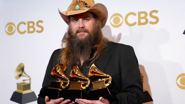 Chris Stapleton, winner of the awards for best country album, best country song and best country solo performance at the 2022 Grammys. Pic: AP/John Locher