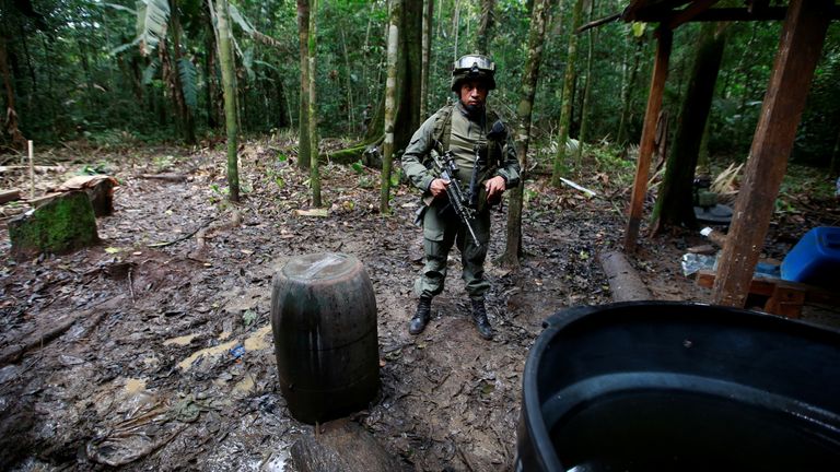 Kolombiya, Guaviare'deki bir kokain laboratuvarında bir polis.  dosya resmi