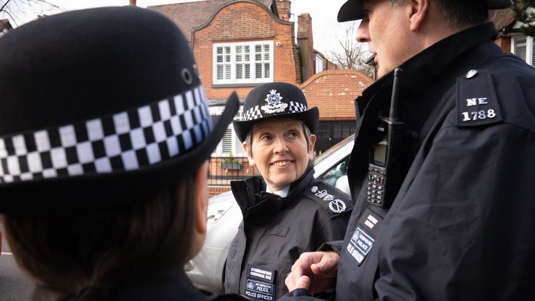 Embargoed to 1700 Friday April 8 Metropolitan Police Commissioner Dame Cressida Dick on patrol with local officers in Chingford, Essex, ahead of her last day as chief of the Met on April 10. Picture date: Thursday April 7, 2022.
