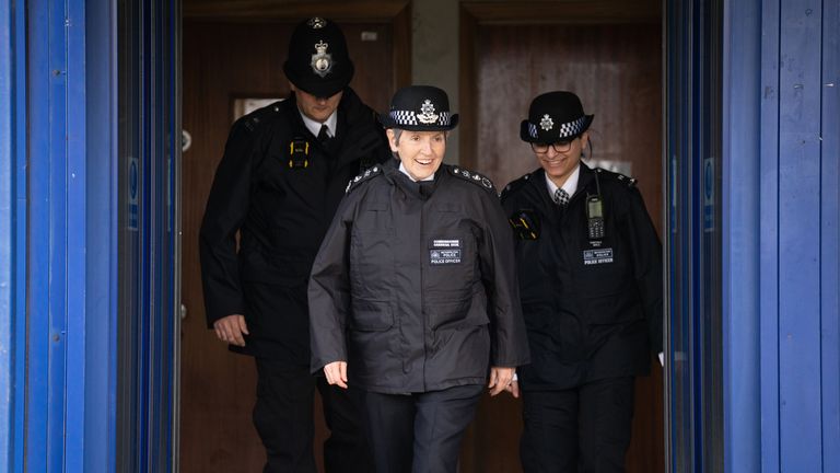 Embargoed to 1700 Friday April 8 Metropolitan Police Commissioner Dame Cressida Dick (centre) on patrol with local officers in Chingford, Essex, ahead of her last day as chief of the Met on April 10. Picture date: Thursday April 7, 2022.
