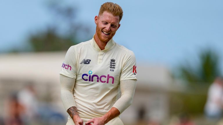 England&#39;s Ben Stokes prepares to bowl during day three of the first cricket Test match against West Indies at the Sir Vivian Richards Cricket Ground in North Sound, Antigua and Barbuda, Thursday, March 10, 2022.