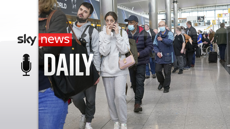 People queuing to go through security at Heathrow Terminal 2 as travellers embarking on overseas trips on Monday faced chaos as flights were cancelled 