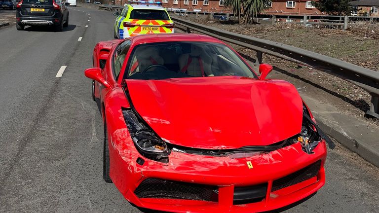 Driver crashed their new Ferrari after driving it less than two miles. Pic: Derbyshire Roads Policing Unit
