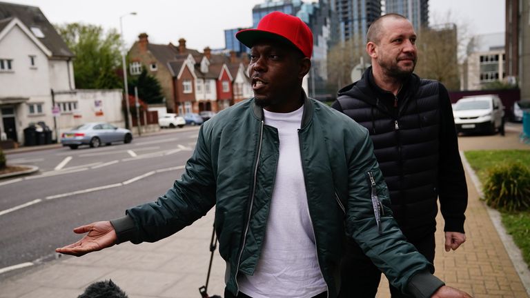 Grime artist Dizzee Rascal, real name Dylan Kwabena Mills, arrives at Croydon Magistrates' Court, south London, where he is due to be sentenced for assaulting his ex-girlfriend Cassandra Jones in Streatham, south London, on June 8 2021. Picture date: Friday April 8, 2022.  