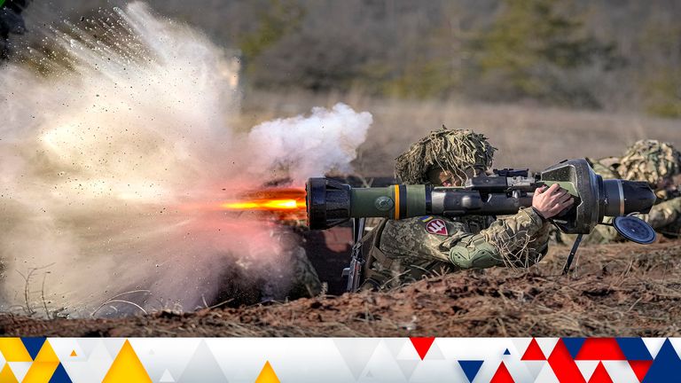 FILE - A Ukrainian serviceman fires an NLAW anti-tank weapon during an exercise in the Joint Forces Operation, in the Donetsk region, eastern Ukraine, on Feb. 15, 2022. Western weaponry pouring into Ukraine helped blunt Russia&#39;s initial offensive and seems certain to play a central role in the approaching battle for Ukraine&#39;s contested Donbas region. Yet the Russian military is making little headway halting what has become a historic arms express. (AP Photo/Vadim Ghirda, File)