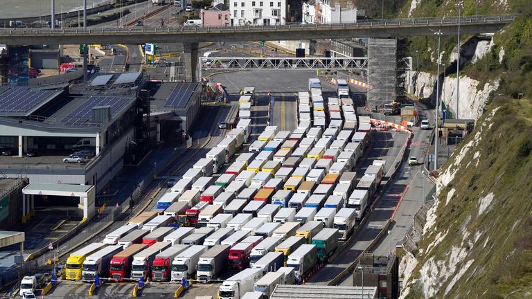 Lorries queue at the Port of Dover, in Kent, where P&O ferry services remain suspended after the company sacked 800 workers without notice. Picture date: Thursday April 7, 2022.
