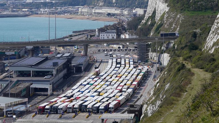 Freight lorries queue at the Port of Dover as P&O Ferries sailings remain suspended, after the ferry company sacked 800 workers without notice. Picture date: Tuesday April 12, 2022.
