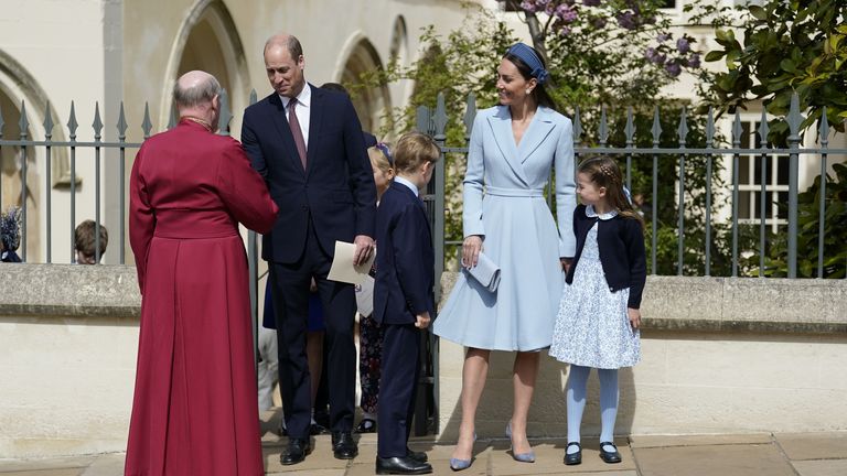 The royals shook hands with Dean of Windsor, The Right Revd David Conner, as they left the Easter Sunday service