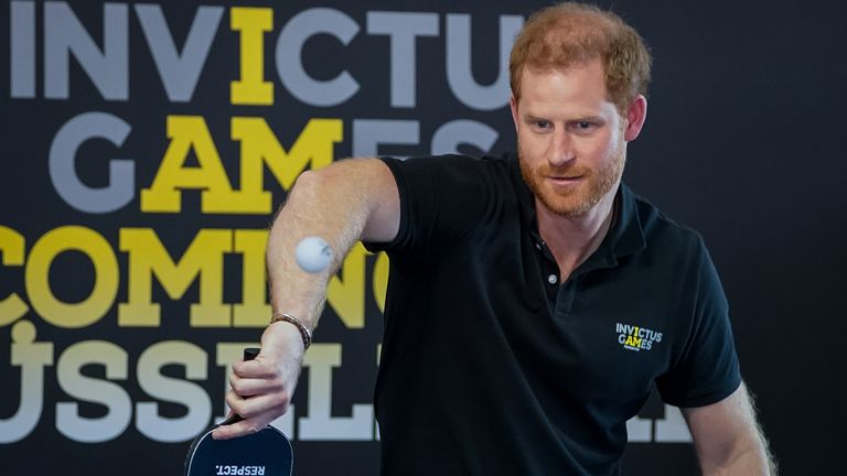 The Duke of Sussex plays table tennis at the Dusseldorf 2022 stand during the Invictus Games at Zuiderpark the Hague, Netherlands. Picture date: Tuesday April 19, 2022.
