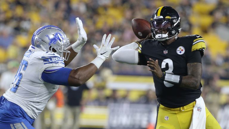 Aug 21, 2021; Pittsburgh, Pennsylvania, USA; Pittsburgh Steelers quarterback Dwayne Haskins (3) throws the ball under pressure from Detroit Lions defensive tackle Brian Price (76) during the fourth quarter at Heinz Field. Pittsburgh won 26-20. Mandatory Credit: Charles LeClaire-USA TODAY Sports