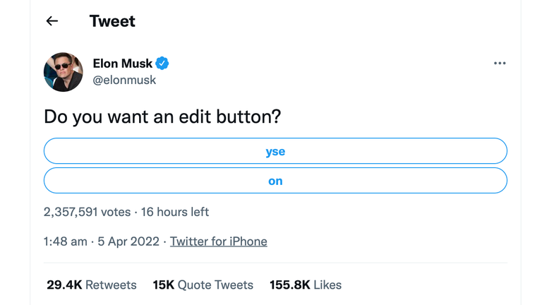 Elon Musk polled Twitter users to ask if they wanted an edit button