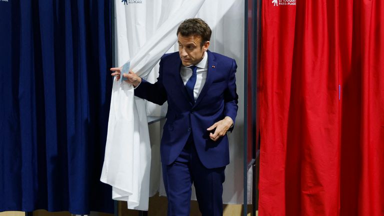 Emmanuel Macron pictured after he voted. Pic: AP