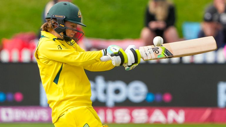 Rachael Haynes of Australia bats against the West Indies during their semifinal match of the Women&#39;s Cricket World Cup between Australia and West Indies in Wellington, New Zealand, Wednesday, March 30, 2022. (John Cowpland/Photosport via AP)


