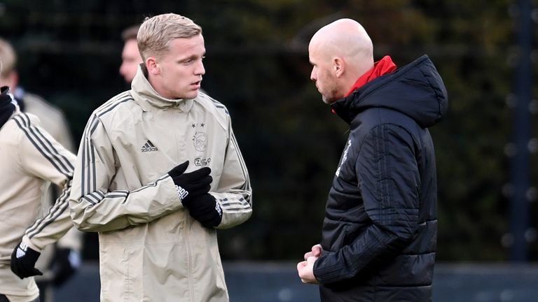 Soccer Football - Champions League - Ajax Amsterdam Training - Sportcomplex de Toekomst, Amsterdam, Netherlands - December 11, 2018 Ajax&#39;s Donny van de Beek and coach Erik ten Hag during training REUTERS/Toussaint Kluiters
