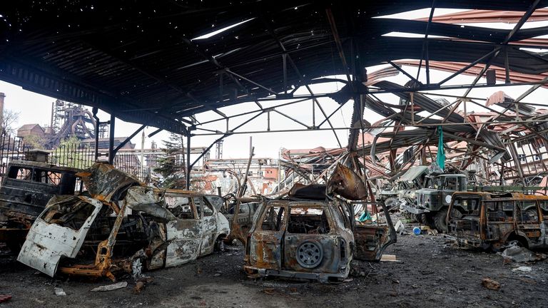 The gutted remains of vehicles are seen at the Illich Iron & Steel Works Metallurgical Plant, the second largest metallurgical enterprise in Ukraine, in an area controlled by Russian-backed separatist forces in Mariupol, Ukraine, Saturday, April 16, 2022. Mariupol, a strategic port on the Sea of Azov, has been besieged by Russian troops and forces from self-proclaimed separatist areas in eastern Ukraine for more than six weeks. (AP Photo/Alexei Alexandrov)


