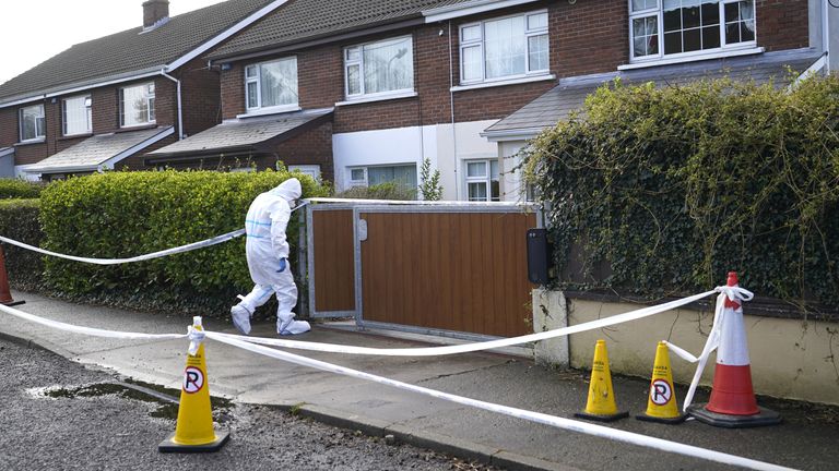 A Garda forensic officer at the scene in Cartron Heights, Sligo, Ireland, following the death of Aidan Moffitt, who was in his early 40s. Picture date: Wednesday April 13, 2022.
