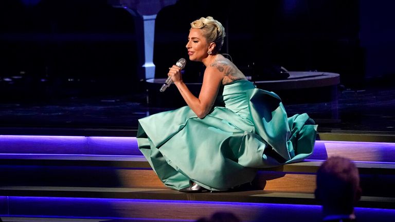 Lady Gaga performs a medley at the Grammy Awards in Las Vegas. Pic: AP/Chris Pizzello

