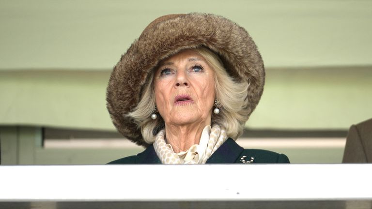 Britain&#39;s Camilla, Duchess of Cornwall, reacts as she visits Aintree Racecourse for the Grand National Festival 2022 in Liverpool, Britain, April 9, 2022. Christopher Furlong/Pool via REUTERS

