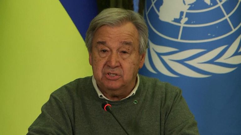Speaking at a press conference alongside Ukraine&#39;s president, Volodymyr Zelenskyy, UN Secretary-General Antonio Guterres called for an end to the fighting, and said the residents of Mariupol need a "route out of the apocalypse".