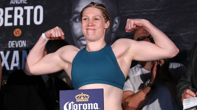 Hannah Rankin of Scotland poses during weigh ins for a Premier Boxing Champions fight on Friday, August 3, 2018 at the Nassau Veterans Memorial Coliseum in Uniondale, New York. (Alex Menendez via AP)