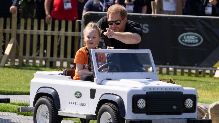 Prince Harry, Duke of Sussex attends the Land Rover Driving Challenge at the Invictus Games site in The Hague, Netherlands on Saturday April 16, 2022. The week-long games for active military and sick veterans , wounded or injured open Saturday in this Dutch city that calls itself the world center for peace and justice.  (AP Photo/Peter Dejong)                             
