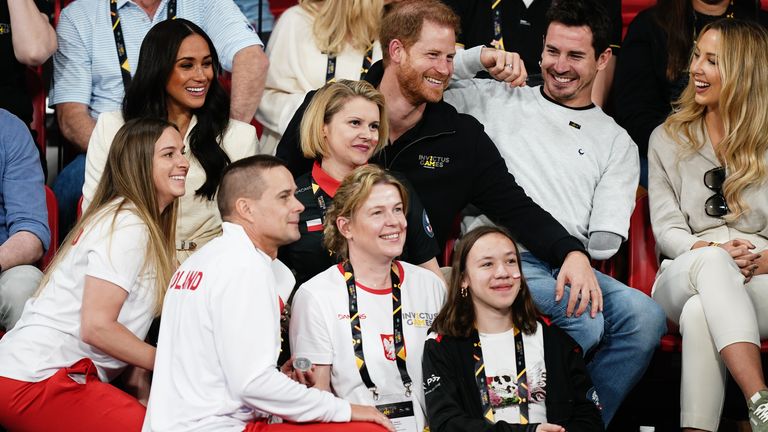 The Duke and Duchess of Sussex attending the Invictus Games sitting volleyball event in the Invictus Games Stadium, at Zuiderpark the Hague, Netherlands. Picture date: Sunday April 17, 2022.  