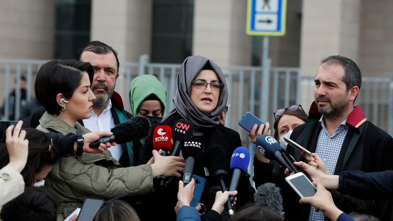 Hatice Cengiz, fiancee of the murdered Saudi journalist Jamal Khashoggi, talks to the media outside Justice Palace, the Caglayan Courthouse, after attending a trial on the killing of Khashoggi at the Saudi Arabian Consulate, in Istanbul, Turkey April 7, 2022. REUTERS/Murad Sezer
