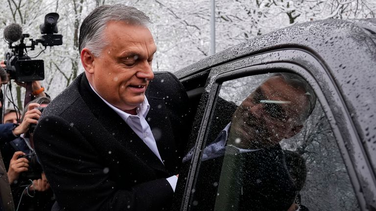 Hungary&#39;s nationalist prime minister,Viktor Orban leaves after casting his vote for general election in Budapest, Hungary, Sunday, April 3, 2022. 