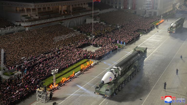 Hwasong-17 intercontinental ballistic missiles take part in a nighttime military parade to mark the 90th anniversary of the founding of the Korean People&#39;s Revolutionary Army?in Pyongyang, North Korea, in this undated photo released by North Korea&#39;s Korean Central News Agency (KCNA)