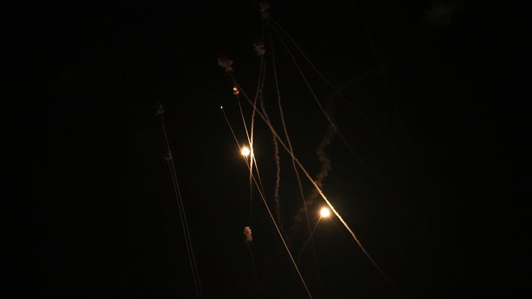 Israel's Iron Dome air defense system fires missiles to intercept rockets fired from the Gaza Strip towards Israel, over Gaza City, early Thursday, April 21, 2022. (AP Photo/Adel Hana) PIC : AP