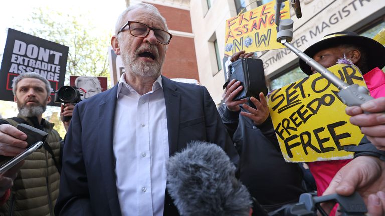 Former Labour party leader Jeremy Corbyn joins supporters of Wikileaks founder Julian Assange protest outside Westminster Magistrates&#39; Court in London, during his continuing extradition hearing. Picture date: Wednesday April 20, 2022.
