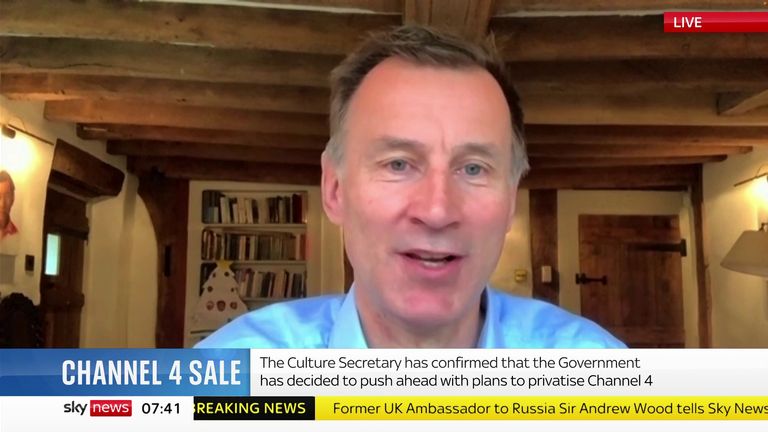 Jeremy Hunt says he does not agree with the privatisation of Channel 4