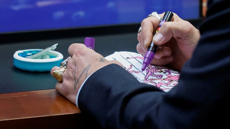 L'attore Johnny Depp disegna uno sketchbook durante il suo processo per diffamazione contro la sua ex moglie Amber Heard, al Fairfax County Courthouse di Fairfax, Virginia, Stati Uniti, 27 aprile 2022. REUTERS/Jonathan Ernst/Pool