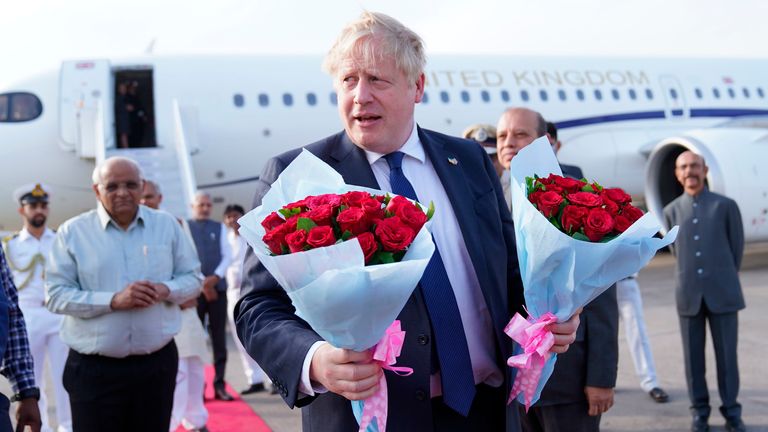Boris Johnson arrives in India for the start of his two-day visit Pic: AP