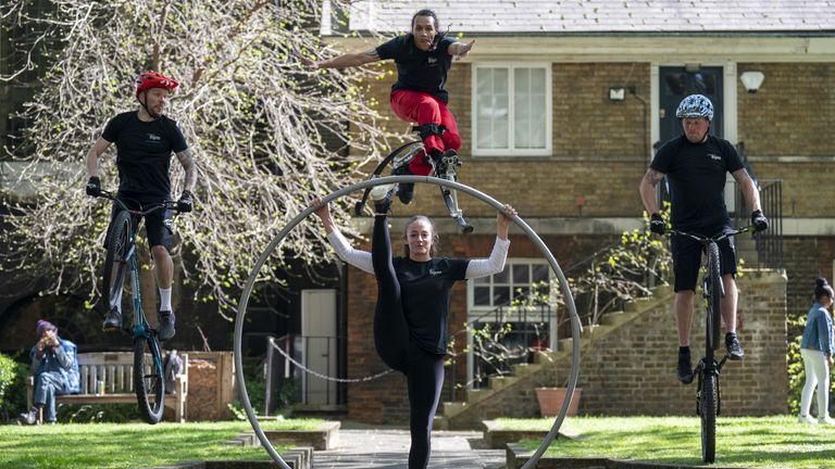 Performers from Cirque Bijou, who are participating in Jubilee celebrations, during a photo call for the final launch of the Platinum Year Competition at BAFTA in London.  Date taken: Tuesday, April 26, 2022.