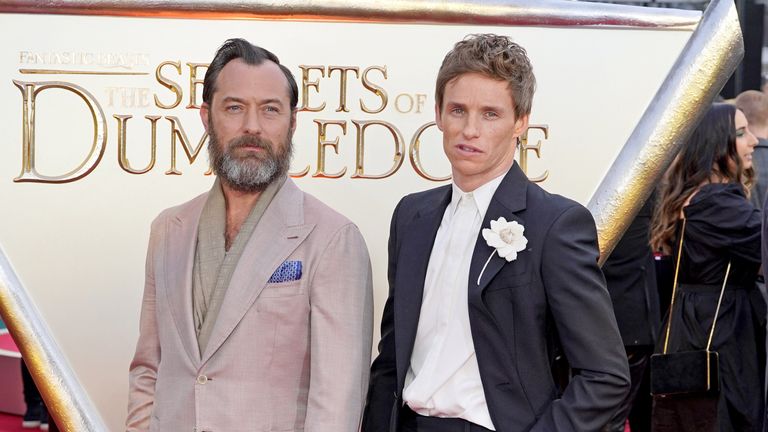 Jude Law and Eddie Redmayne at the London premiere of Fantastic Beasts: The Secrets of Dumbledore
