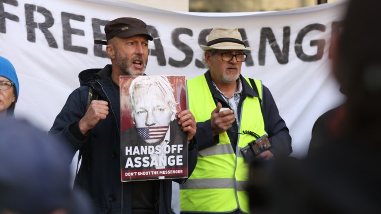 Supporters of Wikileaks founder Julian Assange protest outside Westminster Magistrates&#39; Court in London, during his continuing extradition hearing. Picture date: Wednesday April 20, 2022.
