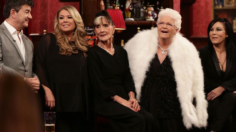 File photo dated 08/02/15 of Guests (left to right) Kellie Bright, John Altman, Letitia Dean, June Brown and Pam St Clement during filming of a special episode of the Graham Norton Show to celebrate 30 years of EastEnders, at the London Studios, south London.