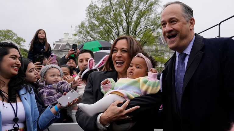 Harris participated in activities at the White House on 18 April during the White House Easter Egg Roll. Pic: AP