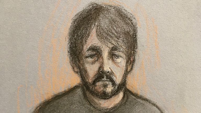 A court sketch of Andrew Burfield, 50, appearing via video-link from HMP Preston