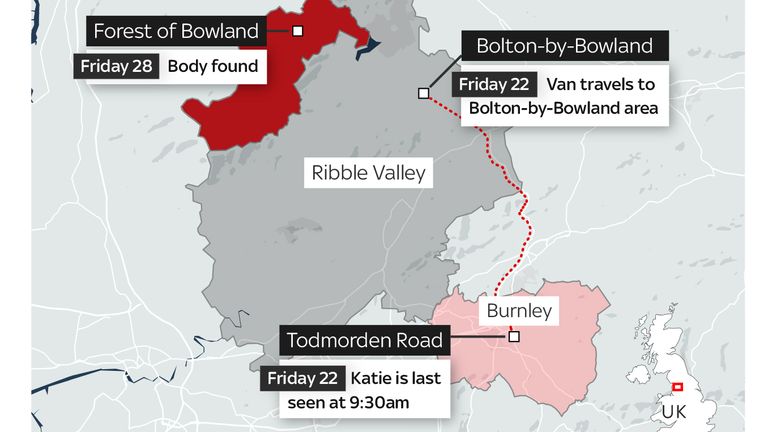 Map showing the key locations around Katie Kenyon&#39;s disappearance 