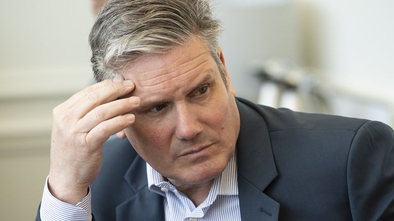 Leader of the Labour Party Keir Starmer talks to business owners about the increased cost of living and the impact it&#39;s having on their businesses during a visit to Co-Space in Stevenage, Hertfordshire. Picture date: Tuesday April 26, 2022.
