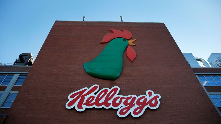 FILE PHOTO: A sign hangs outside the Kellogg&#39;s factory near Manchester, Britain March 7, 2016. REUTERS/Phil Noble/File Photo

