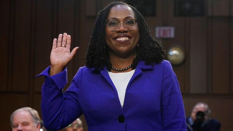 Supreme Court nominee Judge Ketanji Brown Jackson is sworn in for her confirmation hearing before the Senate Judiciary Committee Monday, March 21, 2022, on Capitol Hill in Washington. (AP Photo/Jacquelyn Martin)


